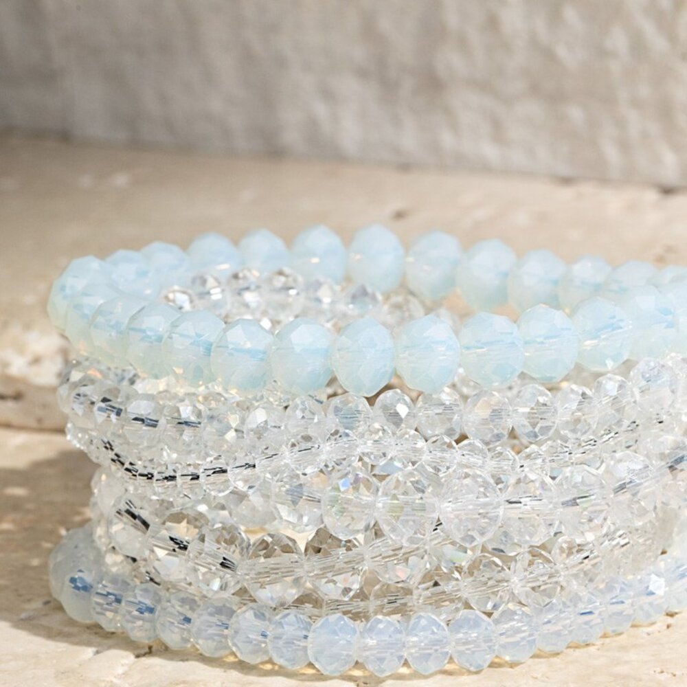 Clear White Mix 9PC NEW Glass Faceted Beaded Stretch Boho Bracelet SET